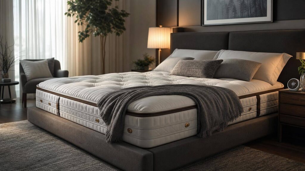 Quarto sereno com colchão premium, iluminação suave e têxteis aconchegantes para uma boa noite de sono