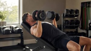 Atleta fazendo supino com halteres em home gym iluminado por luz natural