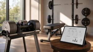 Espaço de treino híbrido com halteres ajustáveis e tablet mostrando plano de treino