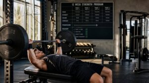 Atleta treinando força com halteres, máquina e peso corporal em academia moderna